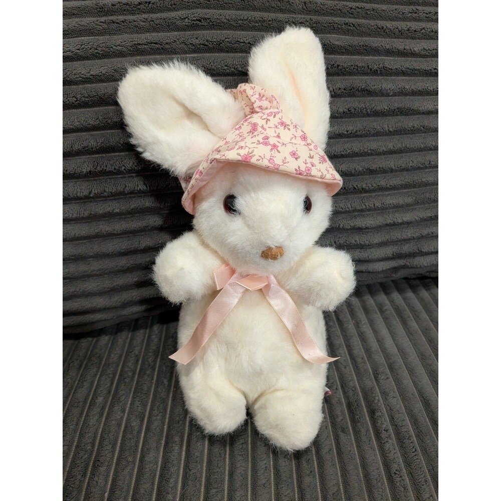Vintage 1988 Heartline White Bunny Rabbit Plush 11" Pink Floral Bonnet Easter
